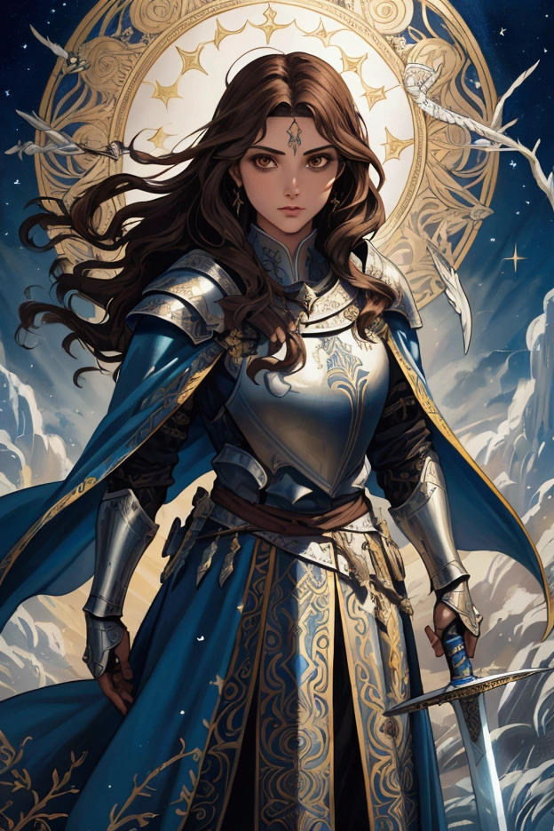 It is an artistic and wonderful oil painting:1.2, UHD, masterpiece, best quality, Holy Knight, Tall, Medium length hair that reaches the shoulders:Wavy, Brown Hair, Brown eyes, A blue cloak fluttering in the wind:1.2, Holding a double-edged sword, A blade with faintly glowing runes:1.2, Runes engraved, Beautiful and decorative sword:1.2, Praying to the sword, Fantasy art, Fantastic illustration, Official art book cover, blue, cinematic lighting:1.1, backlighting, drop shadow, , sparkle, Chiaroscuro