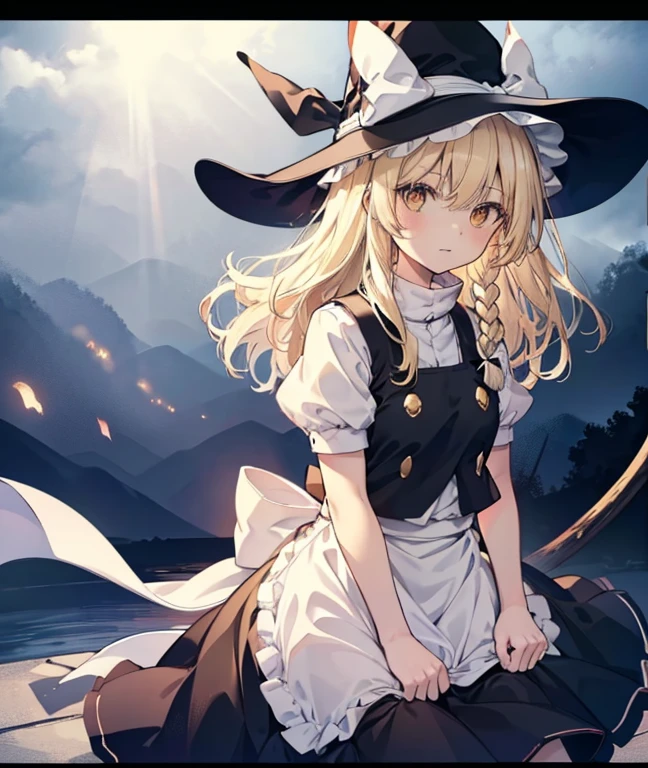 niji style , Kirisame Marisa, 1girl, Blonde hair, witch hat, yellow eyes, long hair, vest, apron, bow, short sleeves, hat bow, braid, puffy sleeves, skirt Masterpiece, fine detail, overhead view, 4K, 8k, 12K, Alone, Alone, beautiful girl, white woman, Marisa Kirisame, Blonde, long hair, hat, straddling a broom, legs in the air, legs hanging, crotch on a stick, night, dark, forest, lantern, lantern, Kirisame Marisa, 1girl, Blonde hair, witch hat, yellow eyes, long hair, vest, apron, bow, short sleeves, hat bow, braid, puffy sleeves, skirt Riding a black horse🐎　There are black horses around🐎　Christmas night illumination　Snow covered Christmas tree　Horse and Marisa🐴　馬がいます🐎　ホワイトクリスマス🎄　クリスマスパーティー🎂🍸️