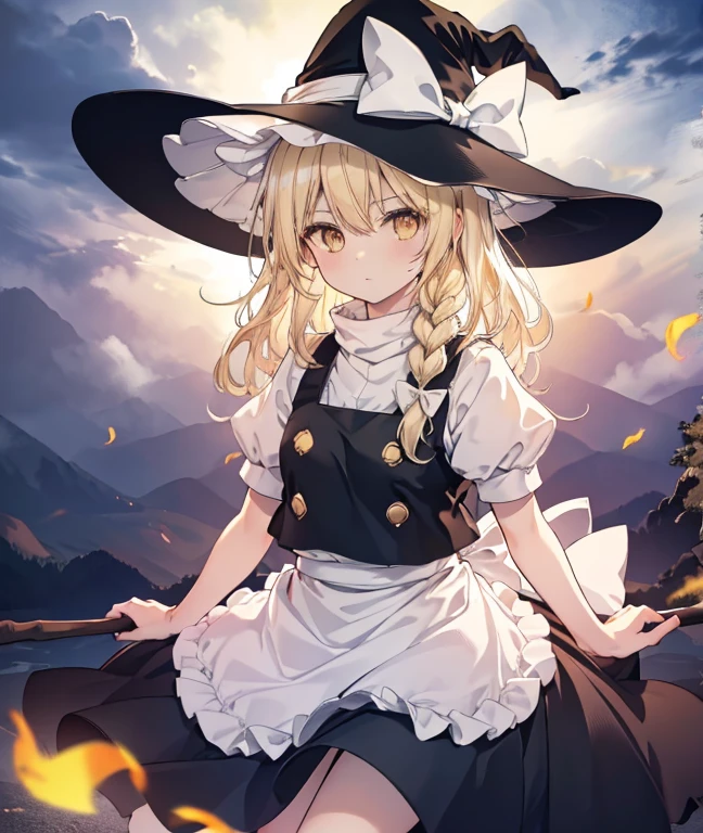 niji style , Kirisame Marisa, 1girl, Blonde hair, witch hat, yellow eyes, long hair, vest, apron, bow, short sleeves, hat bow, braid, puffy sleeves, skirt Masterpiece, fine detail, overhead view, 4K, 8k, 12K, Alone, Alone, beautiful girl, white woman, Marisa Kirisame, Blonde, long hair, hat, straddling a broom, legs in the air, legs hanging, crotch on a stick, night, dark, forest, lantern, lantern, Kirisame Marisa, 1girl, Blonde hair, witch hat, yellow eyes, long hair, vest, apron, bow, short sleeves, hat bow, braid, puffy sleeves, skirt Riding a black horse🐎　There are black horses around🐎　Christmas night illumination　Snow covered Christmas tree　Horse and Marisa🐴　馬がいます🐎　ホワイトクリスマス🎄　クリスマスパーティー🎂🍸️