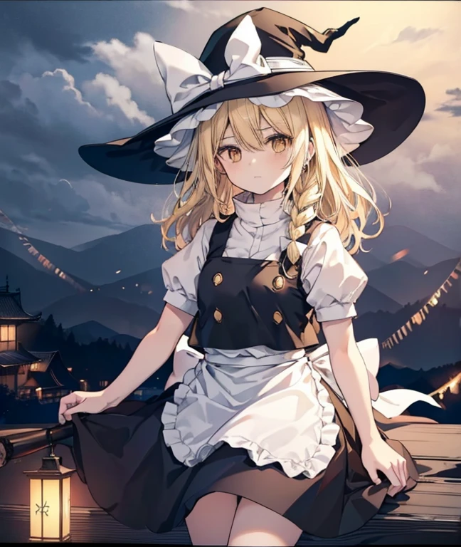 niji style , Kirisame Marisa, 1girl, Blonde hair, witch hat, yellow eyes, long hair, vest, apron, bow, short sleeves, hat bow, braid, puffy sleeves, skirt Masterpiece, fine detail, overhead view, 4K, 8k, 12K, Alone, Alone, beautiful girl, white woman, Marisa Kirisame, Blonde, long hair, hat, straddling a broom, legs in the air, legs hanging, crotch on a stick, night, dark, forest, lantern, lantern, Kirisame Marisa, 1girl, Blonde hair, witch hat, yellow eyes, long hair, vest, apron, bow, short sleeves, hat bow, braid, puffy sleeves, skirt Riding a black horse🐎　There are black horses around🐎　Christmas night illumination　Snow covered Christmas tree　Horse and Marisa🐴　馬がいます🐎　ホワイトクリスマス🎄　クリスマスパーティー🎂🍸️