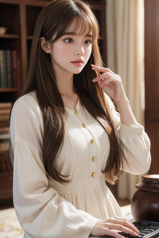 ​masterpiece、8K、32K、top-quality、(A detailed eye)、(A cute Japanese woman、bangss)、23years old、1 girl in、elegent、(Detailed background depiction、portlate:1.2)、ssmile、(Prairie blouse、White Apron:1.3)、(kitchin、by the window:1.3)、is standing、(cooking:1.5)、white liquid in the air、