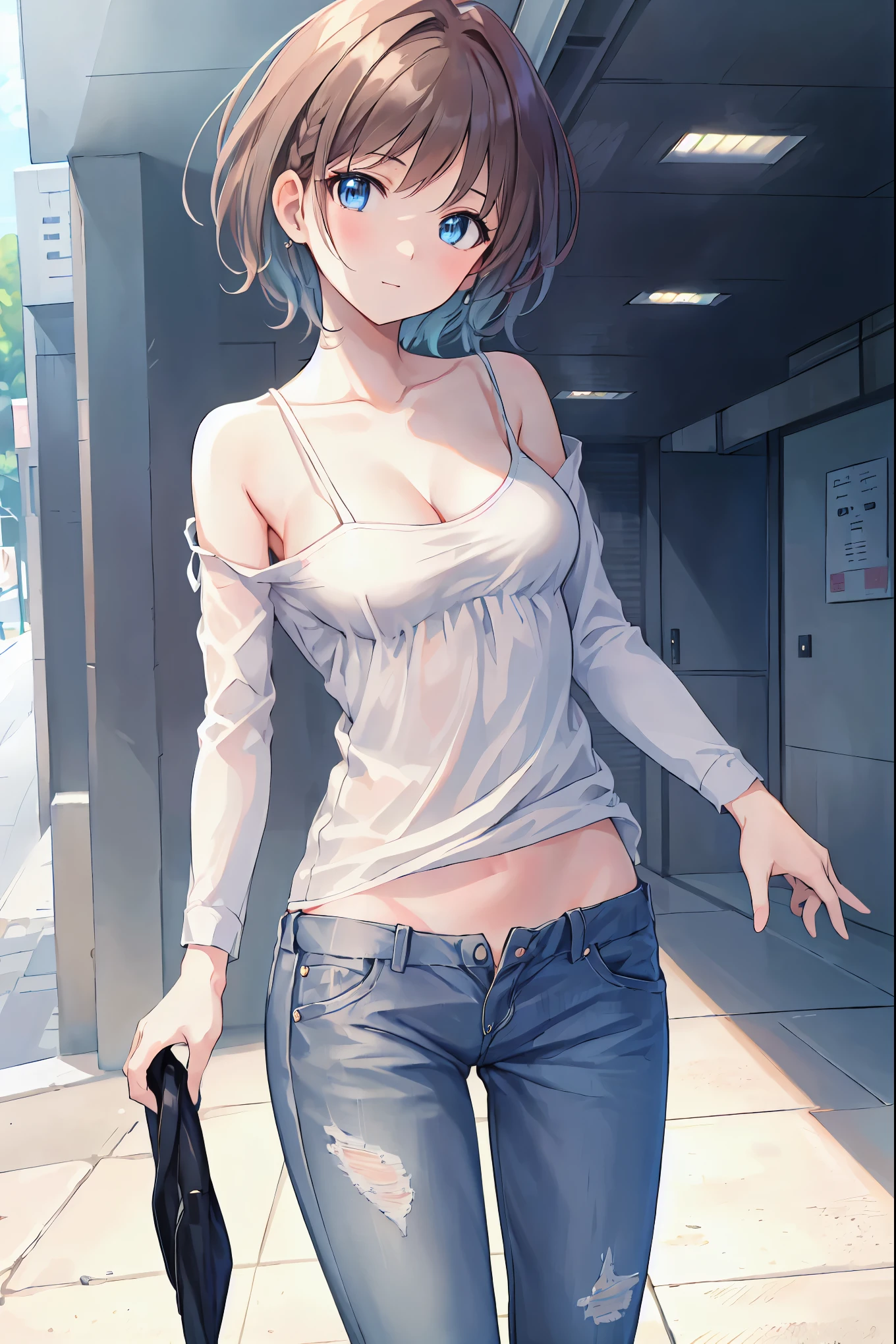 1girl, short black hair, blue eyes, wearing plain white full sweety shirt, small nipples denim shorts, city, absurdres, high res, ultrasharp, 8K, masterpiece, looking at viewer
