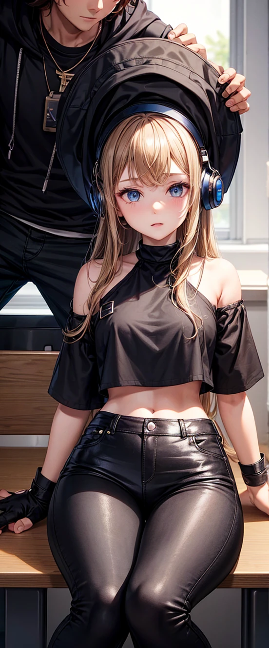 (masterpiece, best quality), FOCUS 1 girl, , , baby face, small breasts, small ass, small hips, blue eyes, short ponytail hair, blonde hair, Black Crop top, Denim Very shorts, bedroom, striped thighhighs, cute face, cute makeup, ((FOCUS WEAR HIGH HEELS)) , hands on the hips, (((FOCUS WHOLE BODY VIEW))), (((FOCUS SIDE VIEW))),