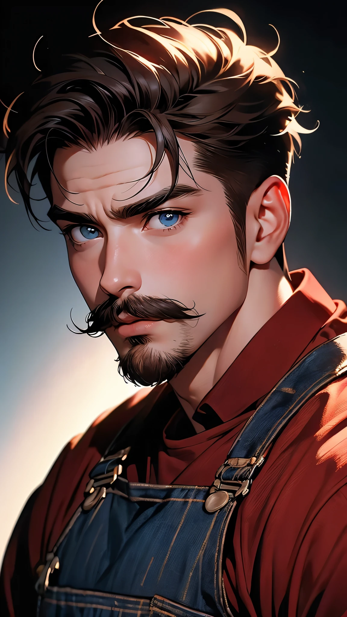 ((masterpiece)), envision a 8k, highres, cinematic, semi realistic, detailed, close up portrait of a strong young man, strong face, mature face, slender muscular body, large mustache, short brown hair, blue eyes, red shirt, overalls, (((1boy))), in dark lighting, against a dark background