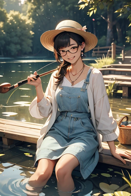 Best Quality、masterpiece、High sensitivity、High resolution、Detailed Description、Delicate facial depiction、Slender women、Glasses、Smiling face、fishing、By the pond、