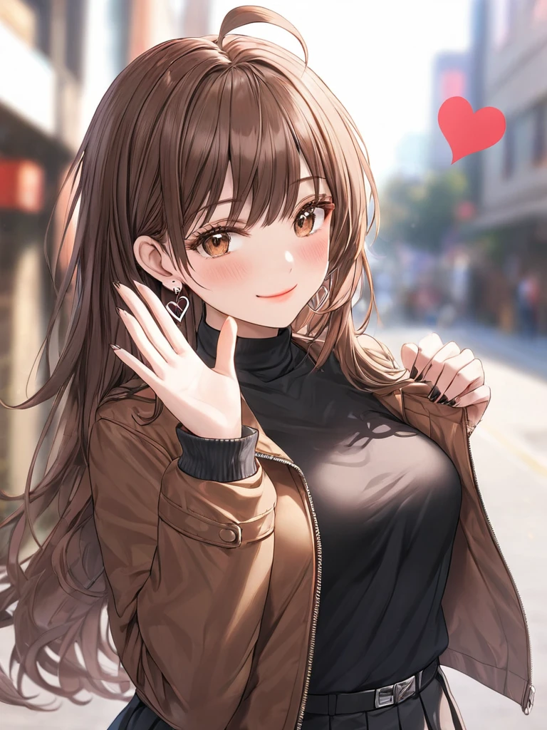 ((masterpiece, best quality)), ultra detailed, very aesthetic, absurdres, One girl, Ahoge, bangs, black skirt, black sweater, Blurred, Blurred background, chest, Brown eyes, Brown Hair, brown Jacket, Mouth closed, Day, Depth of written boundary, Earrings, eyelash, Raise your hand, Tilt your head, Jacket, jewelry, Long Hair, Long sleeve, View Viewer, medium chest, Manicure, Open clothes, open Jacket, Outdoor, Pursed lips, Tucked in shirt, Side Lock, skirt, Sleeves are longer than the wrist, alone, sweater, Upper Body, smile, spoken heart, 