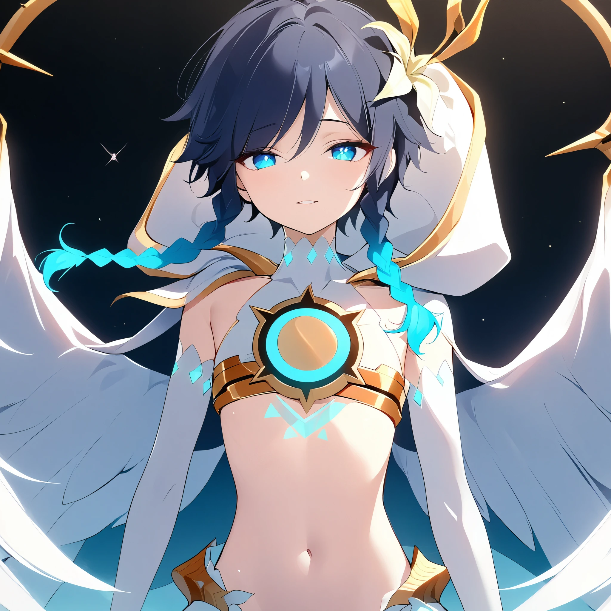 (masterpiece,best quality,4k,8k,absurdres:1.2),agahari,aoi nanase,((illustrated by carnelian)),sharp and clear, wide blue slit pupils, perfect face, 1boy, flat chest,venti_\(archon\)_\(genshin_impact\),bare stomach,graceful,(face focus,detailed_eyes),gradient_hair,chest_tattoo,thigh_tattoo,flirtatious,seductive,dsmile,large fluffy angel wings,otoko no ko,crystalflies,elysian realm
