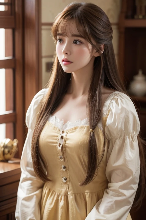 ８ｋ、High resolution、A beautiful girl from primitive times、young、white skin,、narrow eyes,high nose,lighting that illuminates the face、clear image、intellectual beauty、skinny、no makeup、The expression you show to your lover,shining hair、single eyelid,、vivid pose、looking at camera、relax on vacation、first inhabited country、Primeval forest、Hunting life、National costume,