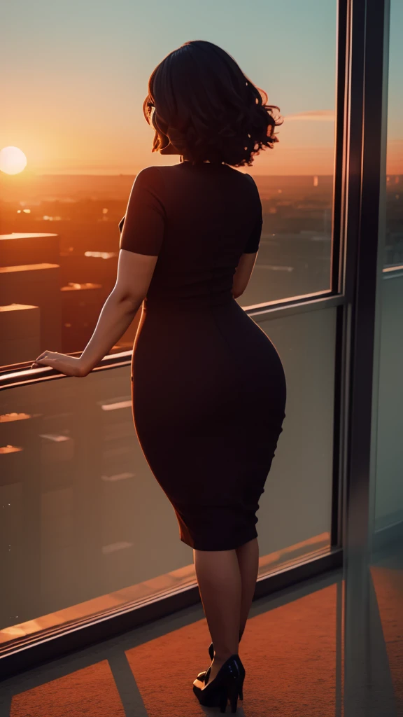 curvy woman, English, in attractive pose, short fitted dress, sunset, through a window, in the city