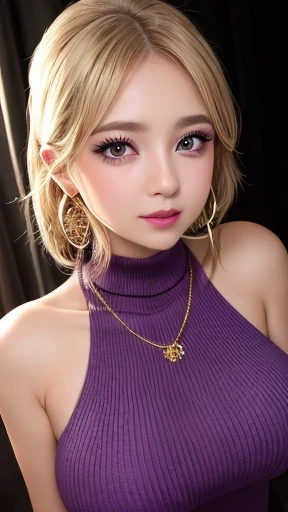 Tabletop、Close-up shot of face、(8k、RAW Photos、Best Quality、masterpiece: 1.2)、Gothic Makeup:1.4、Beautiful big brown eyes、Glowing White Skin、A very sweet and beautiful young woman、Blonde,((Bubbly Style)),narrow eyes,((Big Breasts))、(BLACK turtleneck sweater), mini-skirt, (earrings, on), (erotic expression, on)、Pastel pink lipstick,long eyelashes:1.3,((purple eyeshadow)),gold hoop earrings, gold necklace,Blurred black background:1.5、Photo Studio、Cinema Lighting、Professional photographer