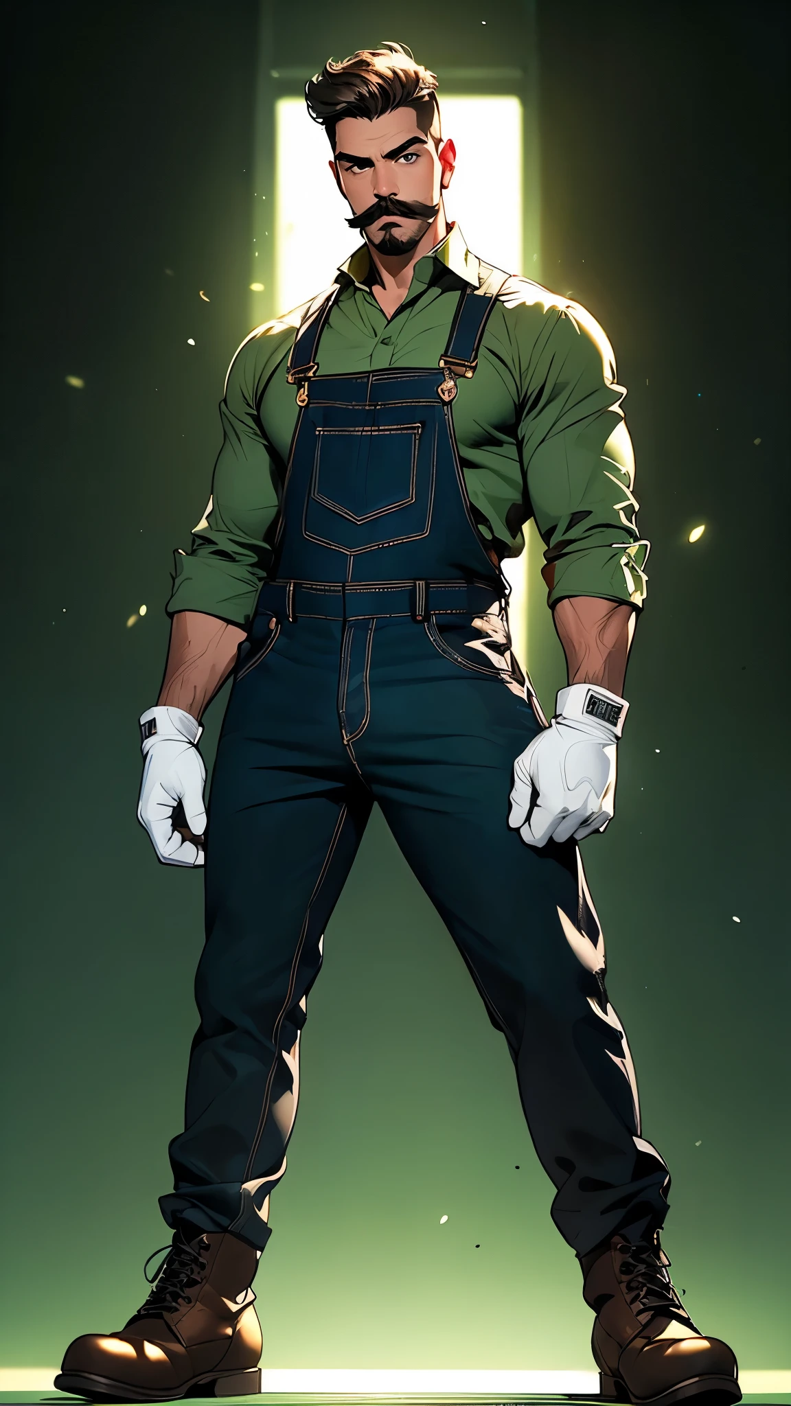 ((masterpiece)), envision a 8k, highres, cinematic, semi realistic, detailed, full body pinup of a strong young man, strong face, mature face, tall slender body, large mustache, short brown hair, blue eyes, green shirt, overalls, white gloves, boots, (((1boy))), in dark lighting, against a dark background