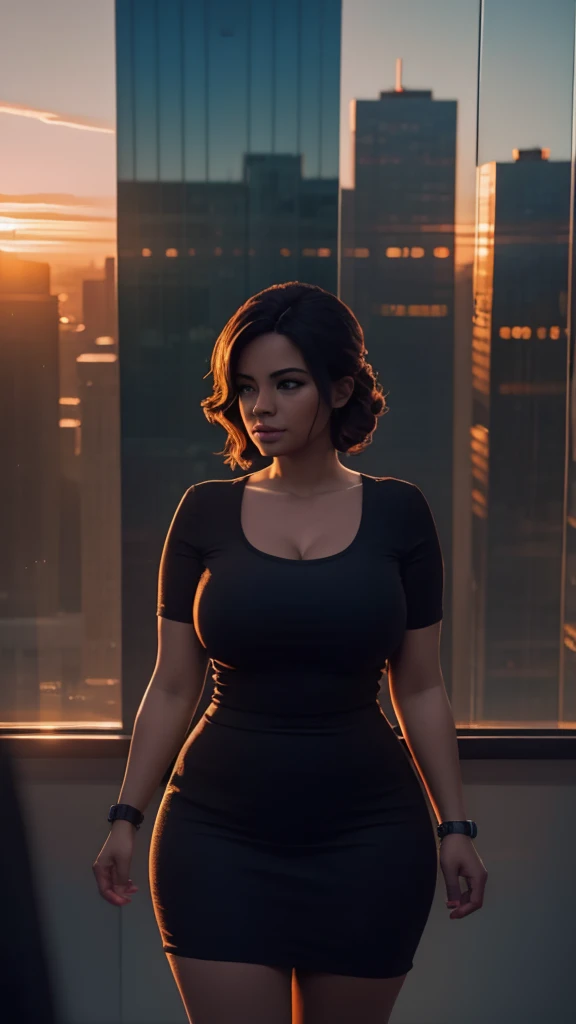 a curvy english woman in an attractive pose, wearing a tight short dress, sunset, through a window, in the city, (best quality,4k,8k,highres,masterpiece:1.2),ultra-detailed,(realistic,photorealistic,photo-realistic:1.37),intricate details,chiaroscuro lighting,cinematic composition,dramatic lighting,warm colors,dramatic atmosphere,window glass reflection,city skyline background