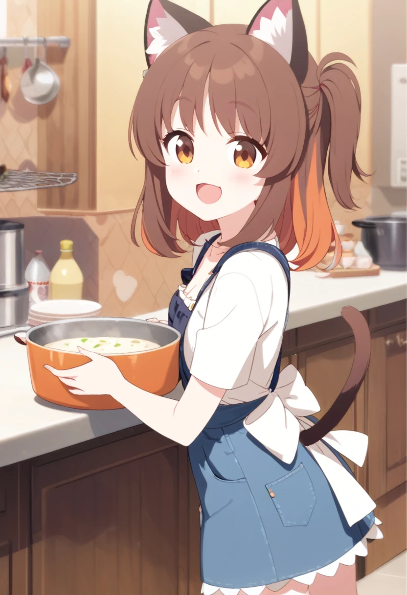 Young girl、Very cute、small、Firm breasts、Denim skirt、Orange Hair、Top quality backgrounds、Cheerful attitude、Cat ears and tail、An innocent smile、masterpiece、apron、kitchen、Cat ears and tail、Cute single tusk、Very small breasts、Brown Hair、An innocent smile、fun、I&#39;m cooking