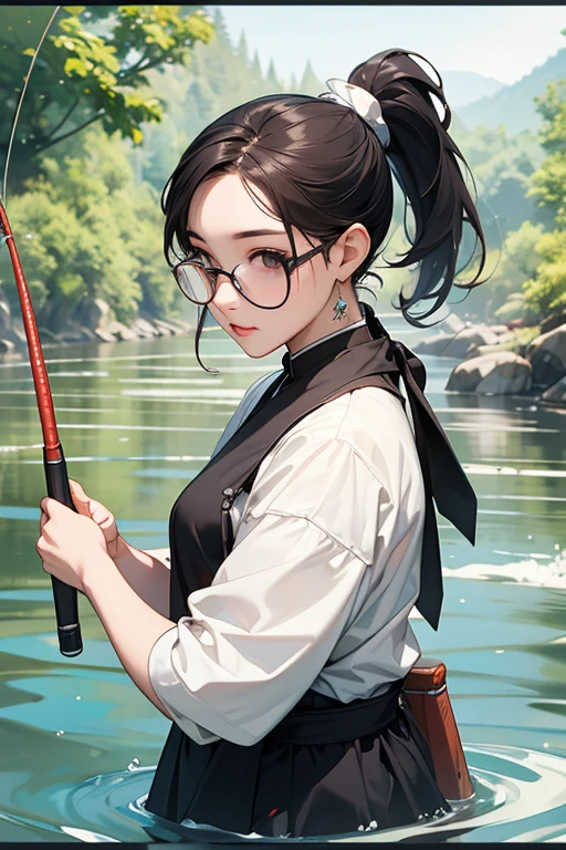 Best Quality、masterpiece、High sensitivity、High resolution、Detailed Description、Delicate facial depiction、Slender women、Glasses、ponytail、fishing、fishing rod、In a crystal clear river、