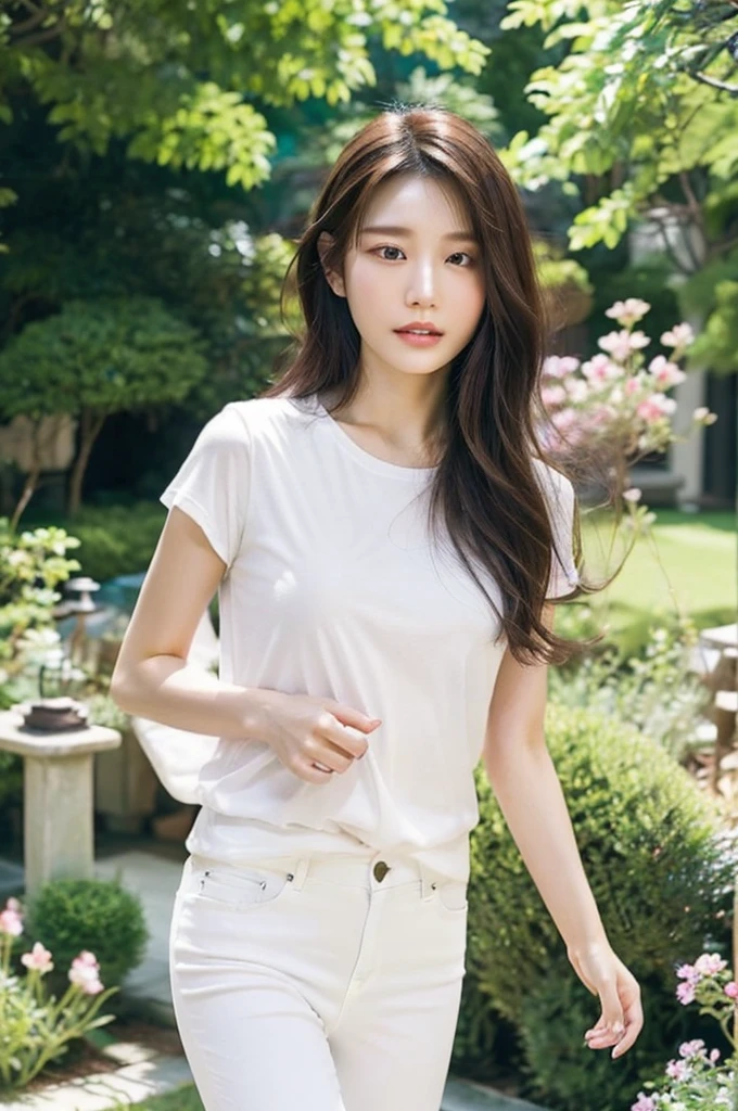 best quality, 8k, very delicate and beautiful, highly detailed face and skin texture, shiny skin, high resolution, sexy japanese girl in white t-shirt and denim pants walking in a garden, sharp focus