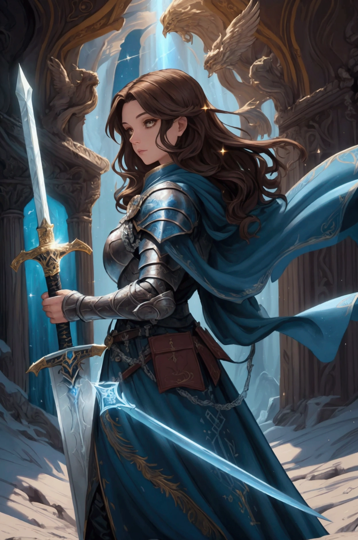 It is an artistic and wonderful oil painting:1.2, UHD, masterpiece, best quality, Holy Knight, Tall, Medium length hair that reaches the shoulders:Wavy, Brown Hair, Brown eyes, A blue cloak fluttering in the wind:1.2, Holding a double-edged sword, A blade with faintly glowing runes:1.2, Runes engraved, Beautiful and decorative sword:1.2, Praying to the sword, Fantasy art, Fantastic illustration, Official art book cover, blue, cinematic lighting:1.1, backlighting, drop shadow, , sparkle, Chiaroscuro