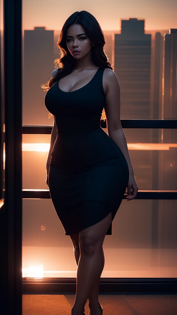 a curvy woman in a tight short dress, beautiful detailed eyes, beautiful detailed lips, extremely detailed face, longeyeslashes, sunset through a window, dramatic city skyline background, lighting, cinematic composition, dramatic lighting, warm colors, dramatic atmosphere, window glass reflection, (best quality,4k,8k,highres,masterpiece:1.2),ultra-detailed,(realistic,photorealistic,photo-realistic:1.37)