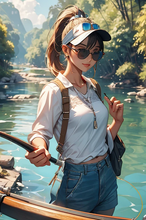 Best Quality、masterpiece、High sensitivity、High resolution、Detailed Description、Delicate facial depiction、Slender women、sunglasses、ponytail、fishing、fishing rod、In a crystal clear river、