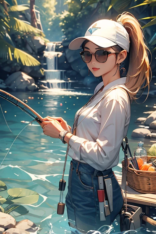 Best Quality、masterpiece、High sensitivity、High resolution、Detailed Description、Delicate facial depiction、Slender women、sunglasses、ponytail、fishing、fishing rod、In a crystal clear river、