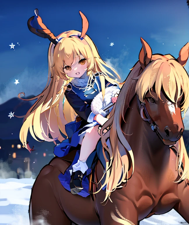 Riding a Black Horse🐎　黒い馬に乗り粉雪が降り積もるクリスマスツリー🎄の景色にいます　マリサはRiding a Black Horse空を飛んでいます.🐎　雪景色⛄️