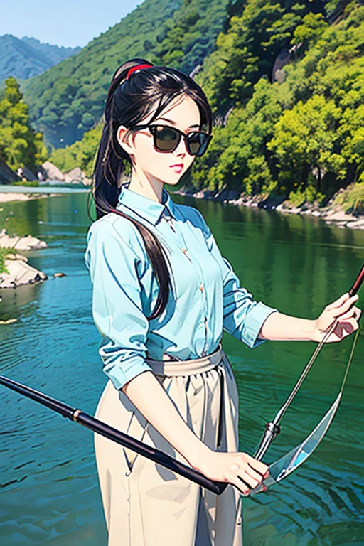 Best Quality、masterpiece、High sensitivity、High resolution、Detailed Description、Delicate facial depiction、Slender women、sunglasses、ponytail、fishing、fishing rod、In a crystal clear river、