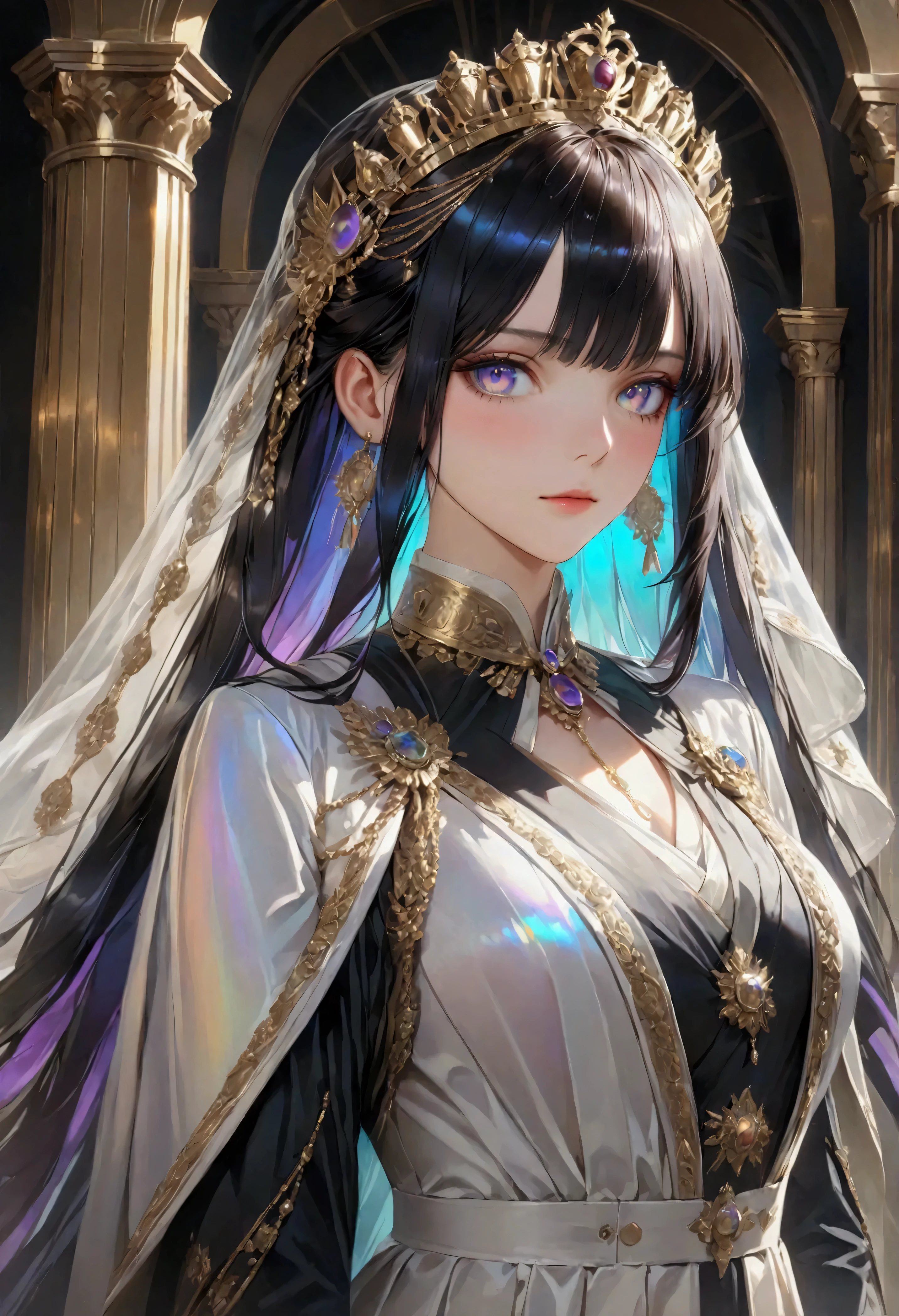 ((highest quality)),(ultra high resolution),(Super detailed),(detailed description),((best CG)),(best work of art),super precision art,great drawing art,(Art with precise details:1.5), (1 woman:1.6)priest:1.5,gentle smile:1.6,a simple robe:1.5, Beautiful and detailed stained glass:1.6