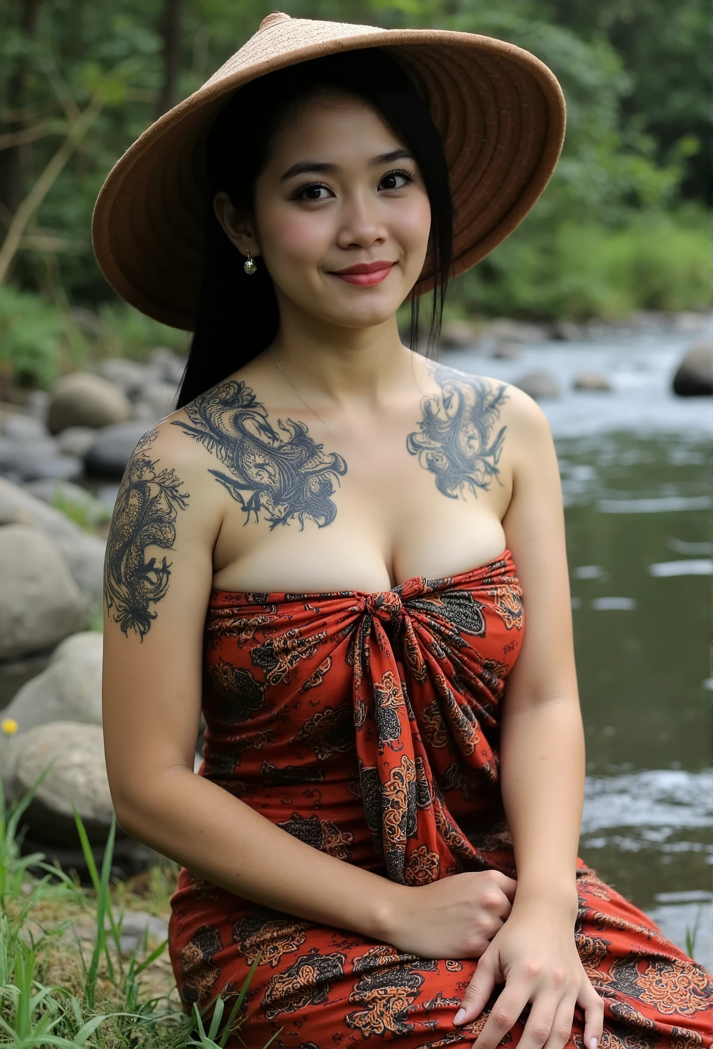 RAW, Best quality, high resolution, masterpiece, a beautiful girl, detailed body tattoos, topless, naked, beautiful detailed eyes, baby face, cute girl, big breasts, earrings, necklace, Javanese ornaments, perfect wet body, open breast, black chignon hair, open stand, realistic, Soft smile, thick thighs, woman standing in the river forest, she is about 20 years old, pale white skin, photorealistic, full body shot, 8k, masterpiece, highly detailed, digital painting, vibrant colors, dramatic lighting