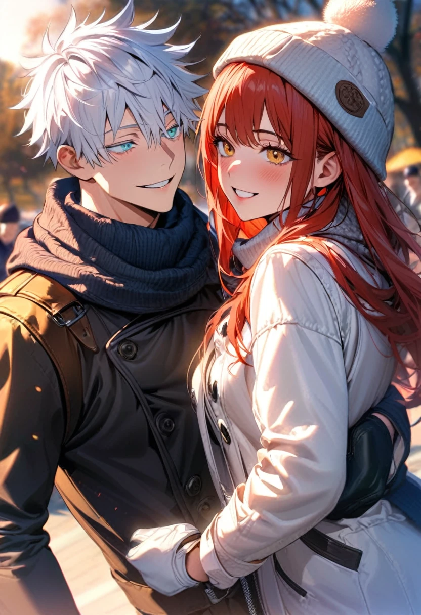 absurdres, highres, ultra detailed, HDR, master piece, couple, 2 people, 1 man, handsome, Gojou Satoru, white hair, black blindfolded, Jujutsu Kaisen, with girlfriend, 1girl,  long hair, red hair, golden eyes, wearing winter hats, scarves, and winter gloves, dressed in white jackets, smiling sweetly, look at each other on a sunny winter day in the park.