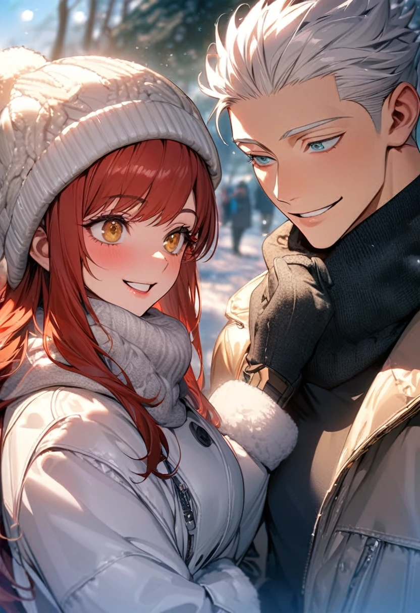 absurdres, highres, ultra detailed, HDR, master piece, couple, 2 people, 1 man, handsome, Gojou Satoru, white hair, black blindfolded, Jujutsu Kaisen, with girlfriend, 1girl,  long hair, red hair, golden eyes, wearing winter hats, scarves, and winter gloves, dressed in white jackets, smiling sweetly, look at each other on a sunny winter day in the park.