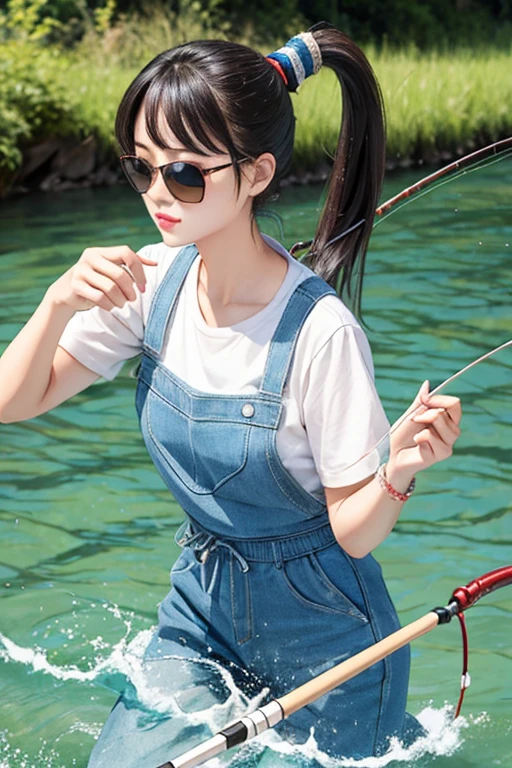 Best Quality、masterpiece、High sensitivity、High resolution、Detailed Description、Delicate facial depiction、Slender women、sunglasses、ponytail、fishing、fishing rod、In a crystal clear river、