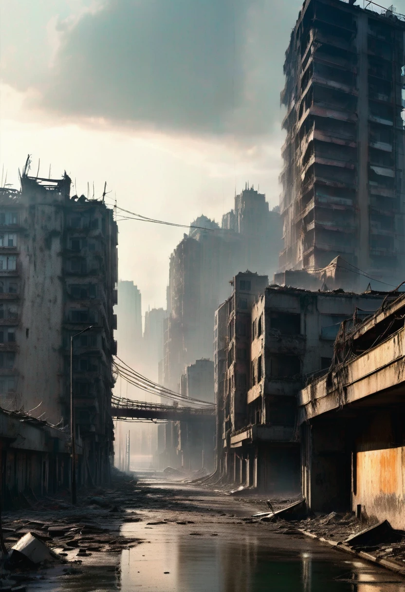 image of a building tilted at 45 degrees over the street seen from a winding bridge BROKEN IN HALF HORIZONTALLY between a tall tower in the center of a post-apocalyptic American CITY and another building, view of the entire dark CITY, there is a reinforced concrete walkway connecting two buildings on the horizon, There are many power cables hanging from the bridge AND LIGHTING POST ARE OUT, high voltage wires falling from the bridge, THE CITY HAS BUILDINGS BROKEN IN HALF IN RUINS on the horizon, DIRTY TALL BUILDINGS ON THE HORIZON AND EVERYWHERE, has smoky structures, abandoned cars on the streets, megalopolis, tall buildings BROKEN IN HALF and collapsing to the ground, many destroyed buildings and OVERHAULS around, afternoon sunlight, dark gray sky, dark night in the sky, rain, THERE IS A GIRL DRESSED IN A HOOD WALKING DOWN THE STREET, as realistic as possible, as detailed as possible, as realistic as possible, ultra realism