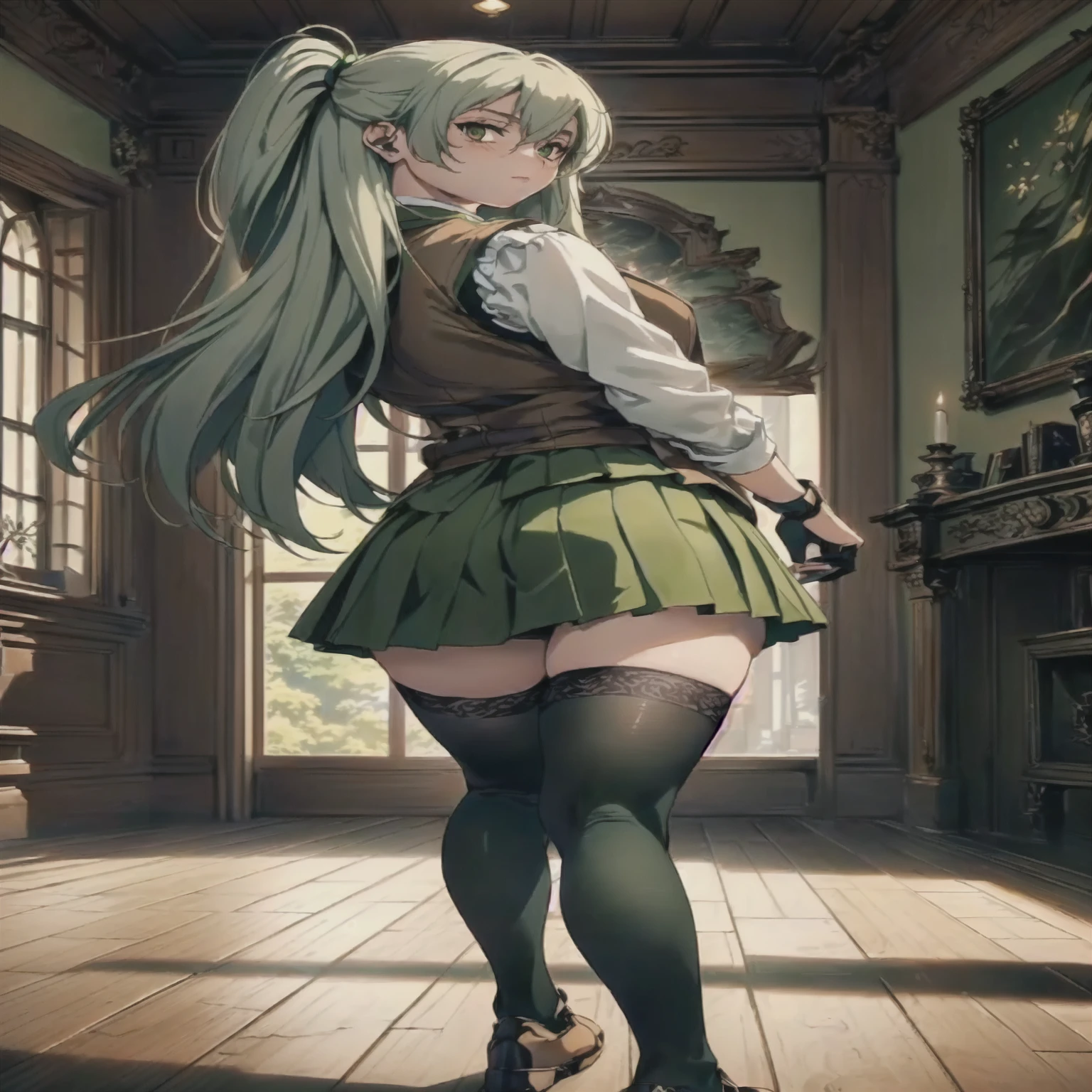 Kim_kwang_hyun, anime girl in a green skirt and stockings standing in a room, thighhighs and skirt, cushart krenz key art feminine, , seductive anime girl, guweiz on artstation pixiv, guweiz on pixiv artstation, beautiful anime girl squatting, from girls frontline, trending on artstation pixiv