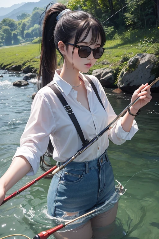 Best Quality、masterpiece、High sensitivity、High resolution、Detailed Description、Delicate facial depiction、Slender women、sunglasses、ponytail、fishing、fishing rod、In a crystal clear river、