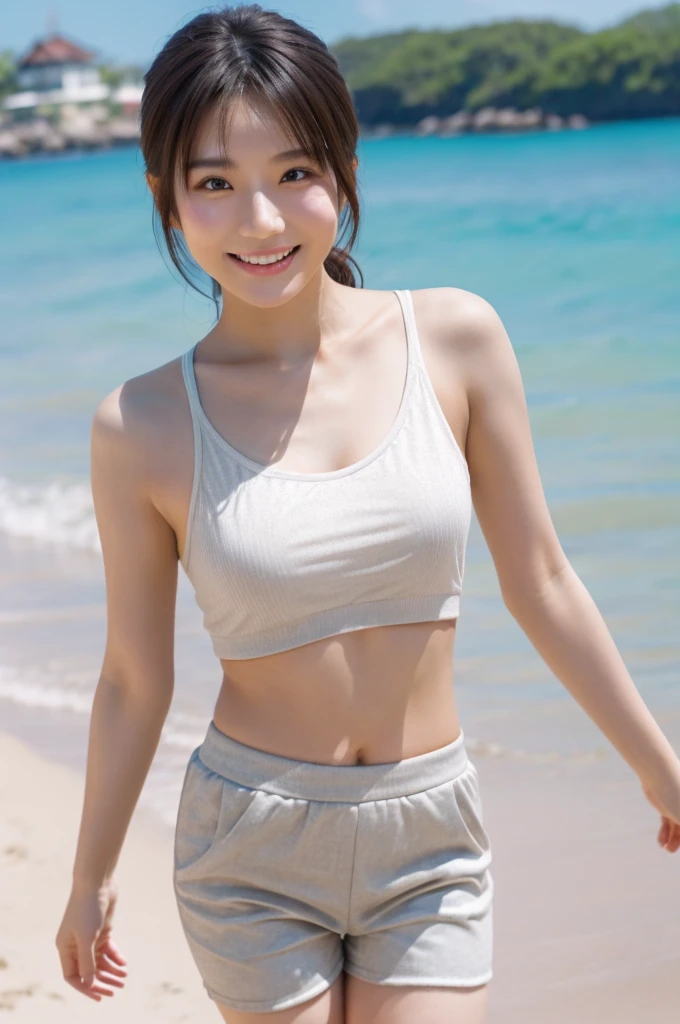 best quality, 8k, very delicate and beautiful, highly detailed face and skin texture, shiny skin, high resolution, sexy japanese girl in tank top and thigh short pants walking on a beach with big smile, sharp focus