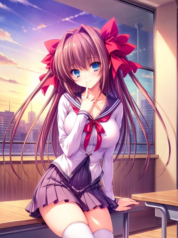 On a warm spring day, a number of cherry blossoms look down from the windows of the school building. A black sailor suit and brown hair, beautiful long hair. shiny body:1.3,oily body:1.3,cowboy shot,((beautiful artwork)), High resolution, highest quality, super fine illustration, cinematic light, super detailed, anime highly detailed, beautiful alluring anime woman, (4k digitalart), (detailed face), (detailed eyes:1.2), high contrast,(delicate facial features), (hair dripping:1.2), (detailed hands and fingers:1.2),medium shot，(masterpiece, best quality, ultra detailed, absurdres)1.5, (sexy, beautiful woman, perfect face, perfect eyes, perfect female body)1.5, (blue eyes, hair bow, large breasts, long hair, twintails, very long hair, red bows, brown hair, big bows, pink ribbon, extremely detailed clothes, smile ), (school uniform), night, smooth, hdr, Over-the-knee white socks,Princess hug,kiss,Lace lace socks,blue and white striped brassiere，Lie,hands on mouth