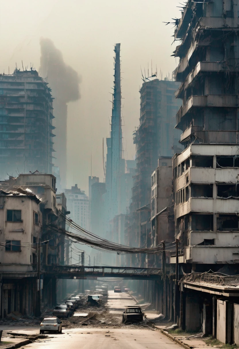 image of a building tilted at 45 degrees over the street seen from a winding bridge BROKEN IN HALF HORIZONTALLY between a tall tower in the center of a post-apocalyptic American CITY and another building, view of the entire dark CITY, there is a reinforced concrete walkway connecting two buildings on the horizon, There are many power cables hanging from the bridge AND LIGHTING POST ARE OUT, high voltage wires falling from the bridge, THE CITY HAS BUILDINGS BROKEN IN HALF IN RUINS on the horizon, DIRTY TALL BUILDINGS ON THE HORIZON AND EVERYWHERE, has smoky structures, abandoned cars on the streets, megalopolis, tall buildings BROKEN IN HALF and collapsing to the ground, many destroyed buildings and OVERHAULS around, afternoon sunlight, dark gray sky, dark night in the sky, rain, THERE IS A GIRL DRESSED IN A HOOD WALKING DOWN THE STREET, THERE IS A GIRL DRESSED IN A HOOD WALKING DOWN THE STREET, as realistic as possible, as detailed as possible, as realistic as possible, ultra realism