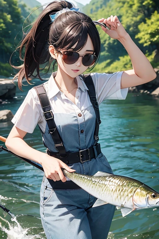 Best Quality、masterpiece、High sensitivity、High resolution、Detailed Description、Delicate facial depiction、Slender women、sunglasses、ponytail、fishing、fishing rod、In a crystal clear river、