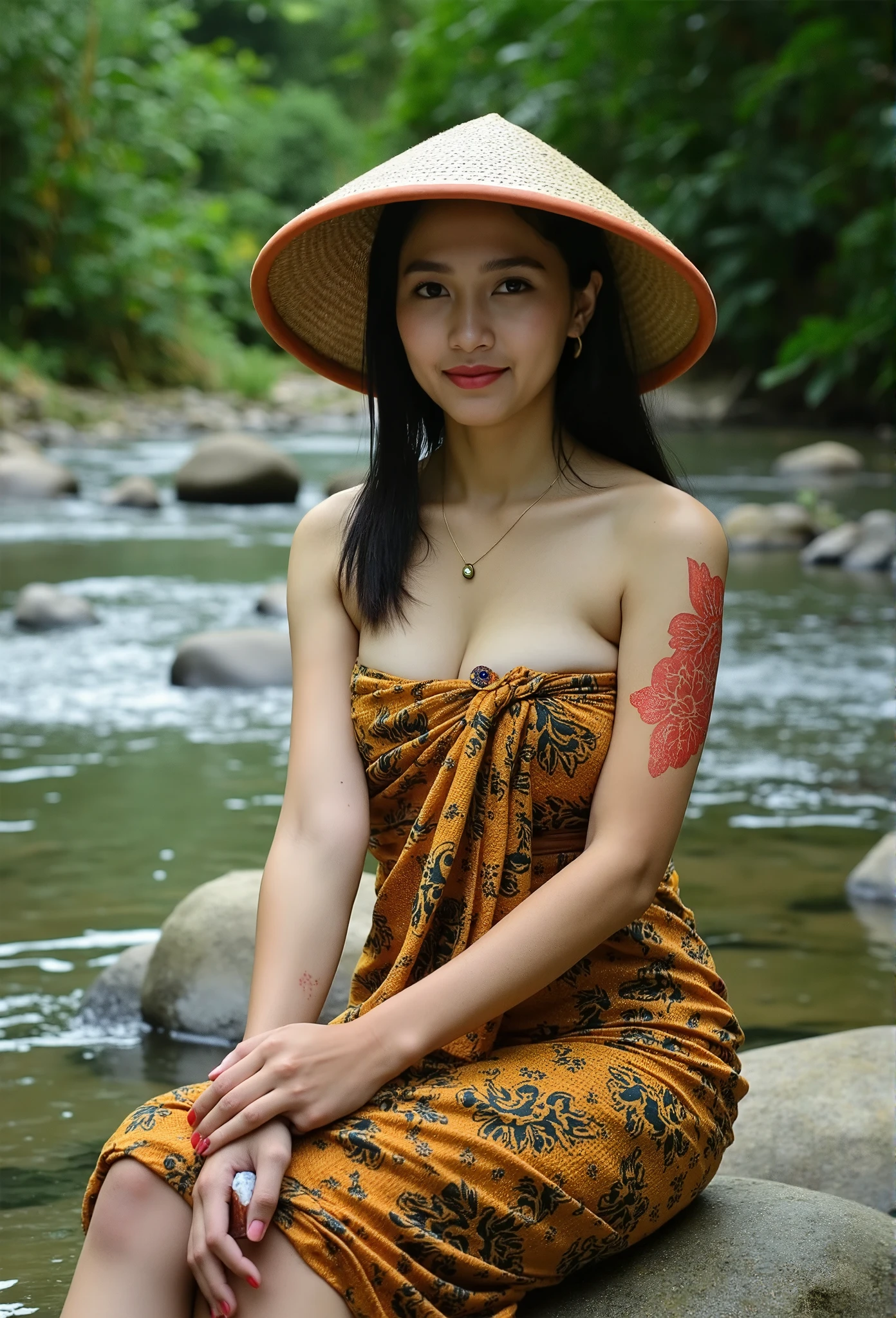 (masterpiece, best quality:1.2), 1girl, solo, sarong_dress, ((large breasts:2)), Photo of Pretty Indonesian woman, ponytail, river, sitting, wearing hat, (red flower tattoos), holding the container