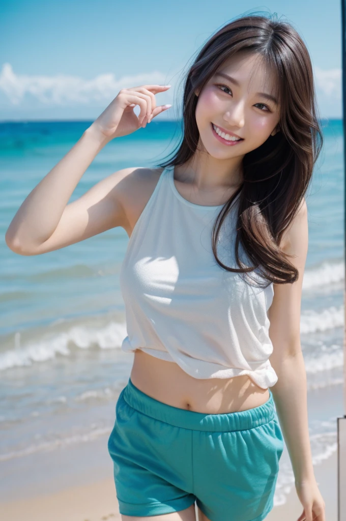 best quality, 8k, very delicate and beautiful, highly detailed face and skin texture, shiny skin, high resolution, sexy japanese girl in tank top and thigh short pants walking on a beach with big smile, sharp focus