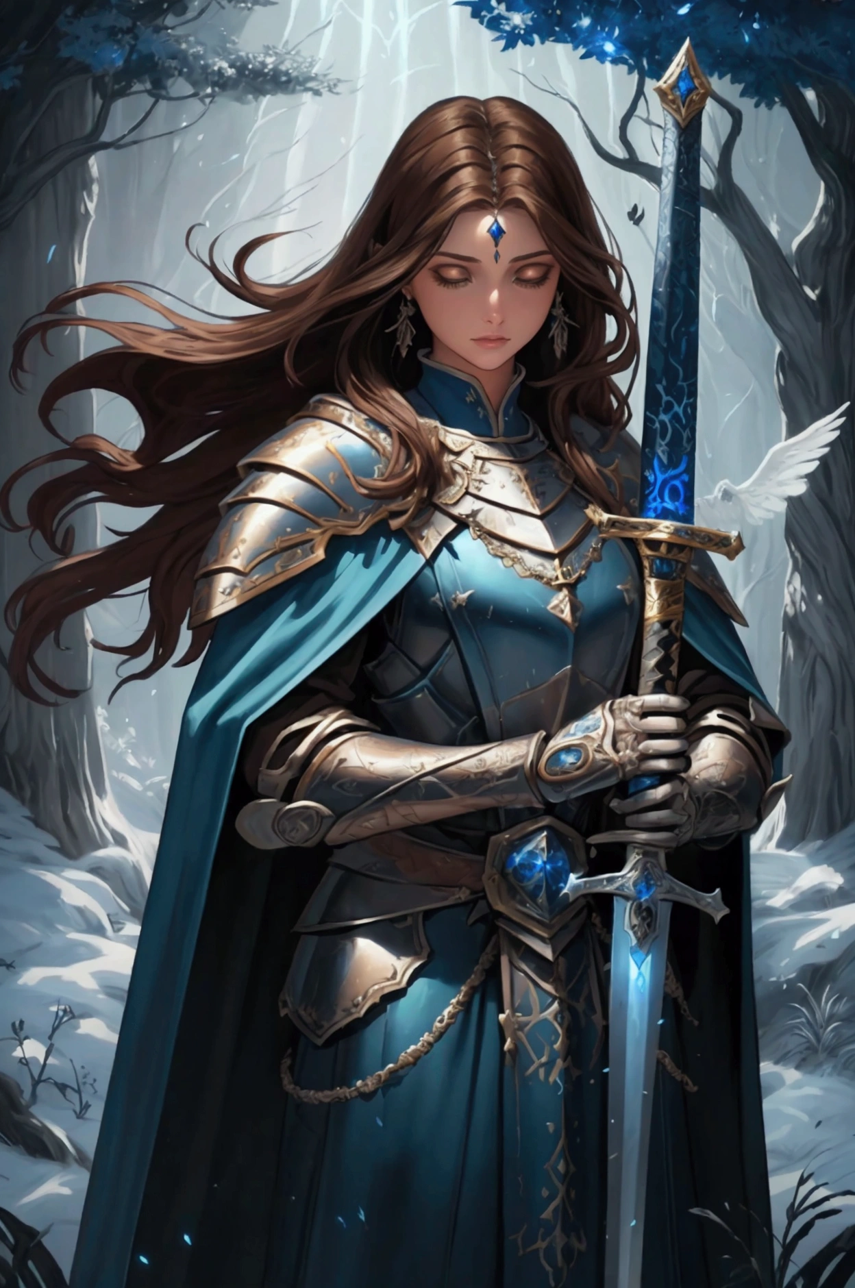 It is an artistic and wonderful oil painting:1.2, UHD, masterpiece, best quality:1.2, Holy Knight, Tall, Medium length hair that reaches the shoulders:Wavy, Brown Hair, Brown eyes, A blue cloak fluttering in the wind:1.2, Holding a double-edged sword, A blade with faintly glowing runes:1.2, Beautiful and decorative sword:1.2, Praying to the sword:1.25, Fantasy art, Fantastic illustration, Official art book cover, blue, cinematic lighting:1.1, backlighting, drop shadow, , sparkle, Chiaroscuro, Beautiful expression