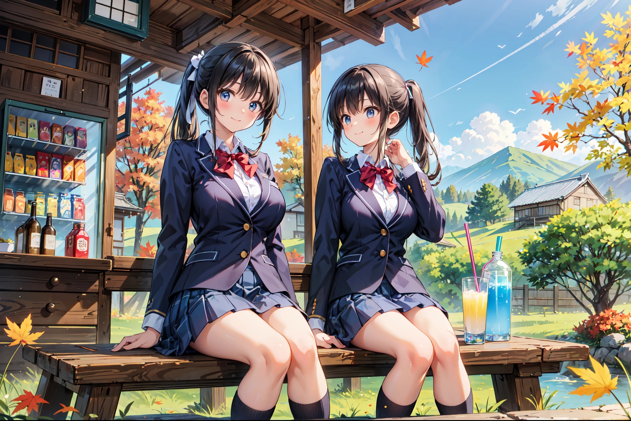(((Masterpiece, 16k, Highest quality, Ultra-high resolution, Depth of subject))), ((Very detailed, Japanese countryside scenery, autumn leaves)), (((High school girl in blazer uniform, 2 people, skirt, Big Breasts))),Beautiful girl in great detail, Very accurate body structure, Very precise body movements, Very cute smile, On the way home, 3pm, Peaceful scenery, Warm sunshine, Old wooden shop in the countryside, The shop sign is very old, Japanese style drink vending machine, Buy juice, Sit on a bench, Drinking juice, Very accurate perspective