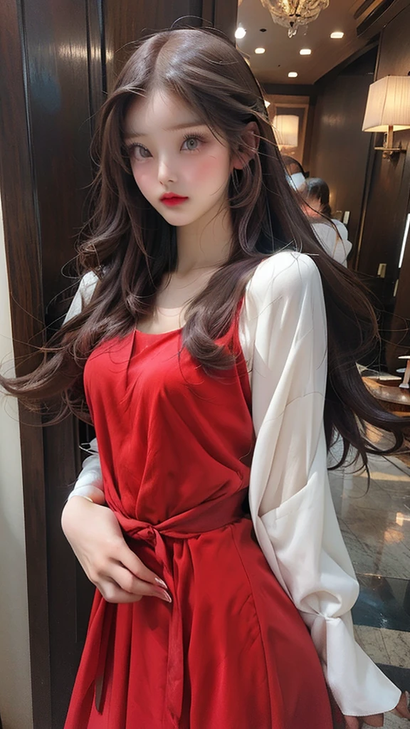 1 female,perfect 20 year old,smile:1.3,(Brown eyes),(( 8k,masterpiece,Perfect Anatomy)),Cowboy Shot,(Beautiful and exquisite face and eyes,gorgeous eyes:1.3),  break  ,Brown eyes,  break  ,Blonde:1.3,bangs,  break  ,smile,blush,Small breasts、break   ,Sitting,Cafe in Omotesando、Tokyo、((Background blur)),((Red dress))、french braid,Street Snap、