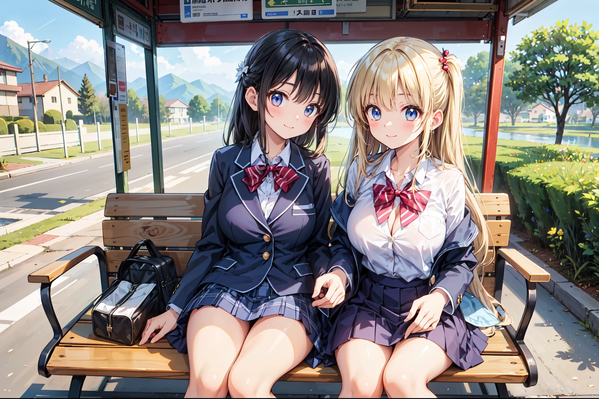 (((Masterpiece, 16k, Highest quality, Ultra-high resolution, Depth of subject))), ((Very detailed, Japanese countryside scenery)), (((High school girl in blazer uniform, 2 people, skirt, Big Breasts))), Beautiful girl in great detail, Very accurate body structure, Very precise body movements, Very cute smile, On the way home, 3pm, Peaceful scenery, Warm sunshine, Japanese bus stop, Wooden bus shelter, Sit on a bench, chat, We like each other, Touching the chest,  A look full of love, Very accurate perspective