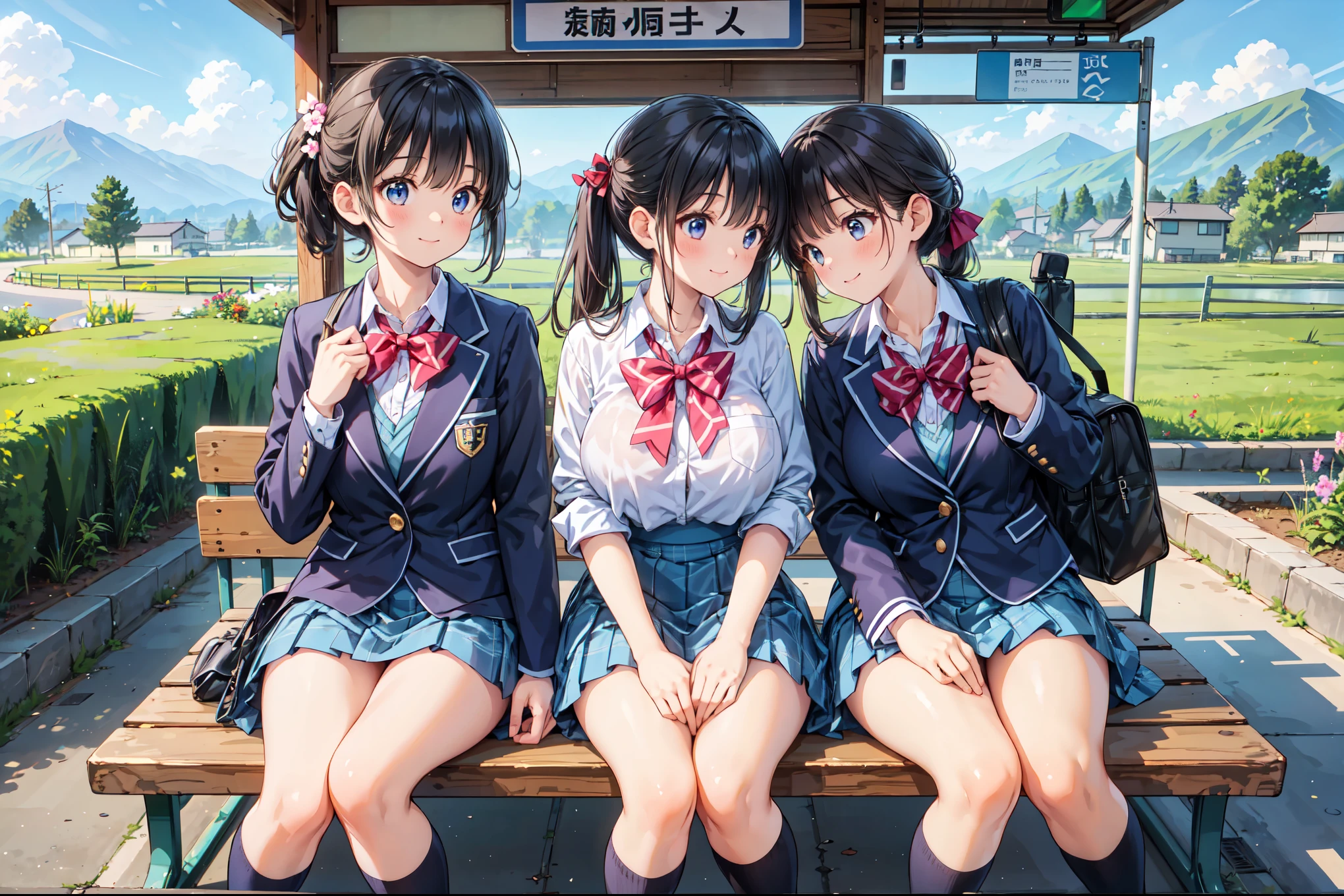 (((Masterpiece, 16k, Highest quality, Ultra-high resolution, Depth of subject))), ((Very detailed, Japanese countryside scenery)), (((High school girl in blazer uniform, 2 people, skirt, Big Breasts))), Beautiful girl in great detail, Very accurate body structure, Very precise body movements, Very cute smile, On the way home, 3pm, Peaceful scenery, Warm sunshine, Japanese regional bus stops, Old wooden bus shelter, Sit on a bench, chat, We like each other, Touching the chest,  A look full of love, Very accurate perspective