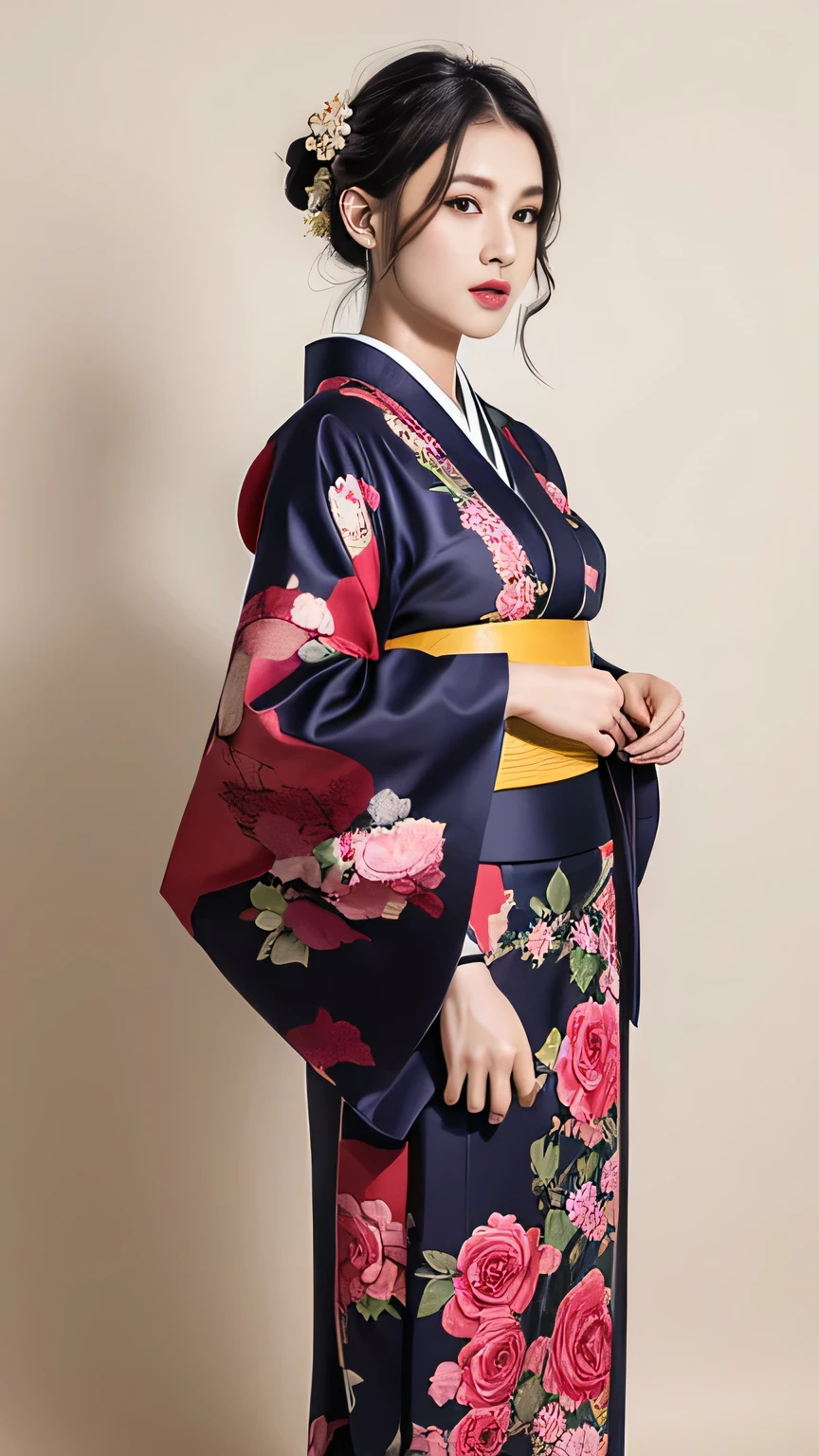 （Kimono made from real roses，lots of roseodern art，intricate design，highest quality，8k，master piece：1.3，clear focus：1.2，beautiful woman with perfect figure：1.4，Highly detailed face and skin texture，fine eyes，split lips，full body photo，