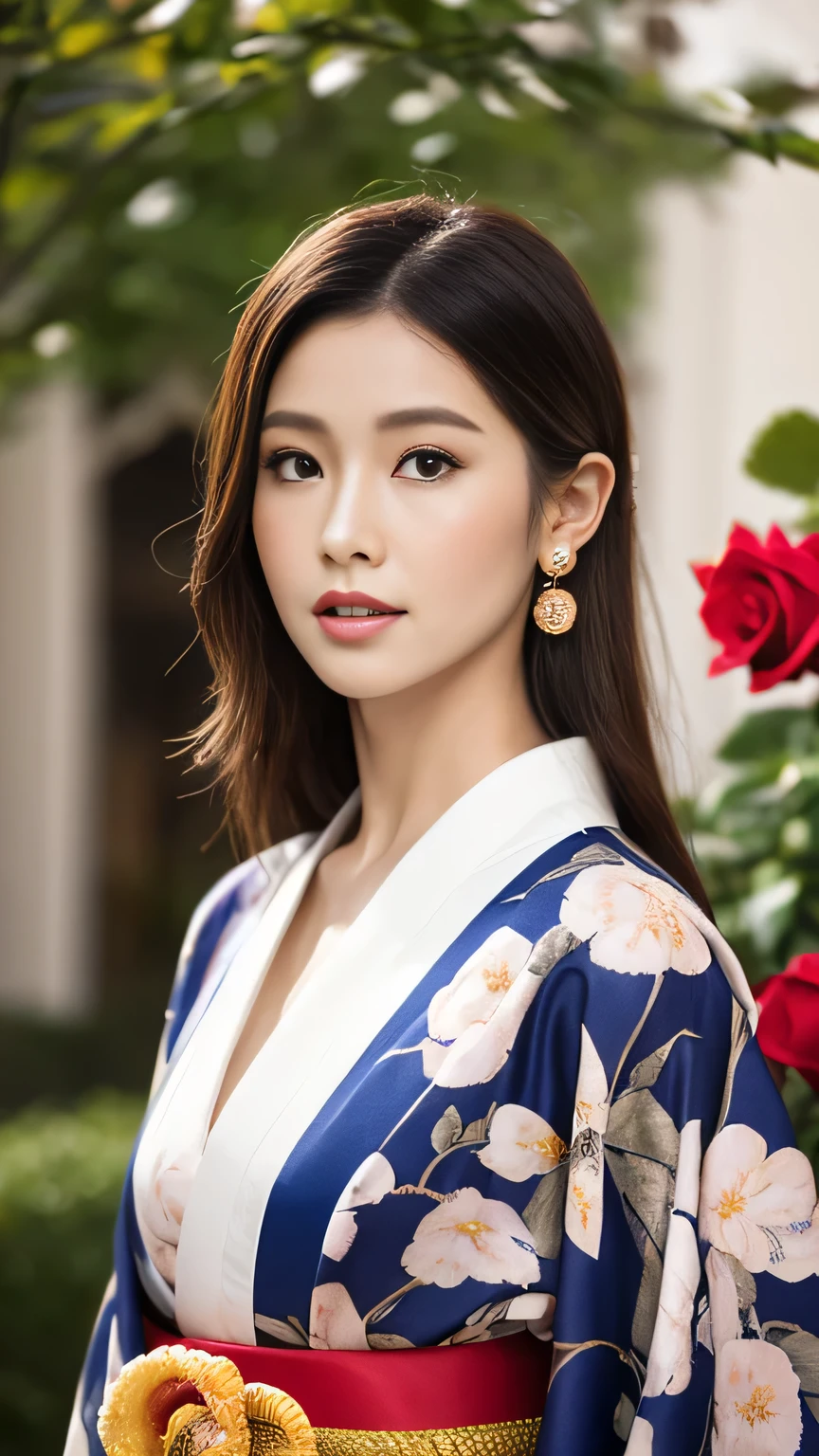 （Kimono made from real roses，lots of roseodern art，intricate design，highest quality，8k，master piece：1.3，clear focus：1.2，beautiful woman with perfect figure：1.4，Highly detailed face and skin texture，fine eyes，split lips，full body photo，