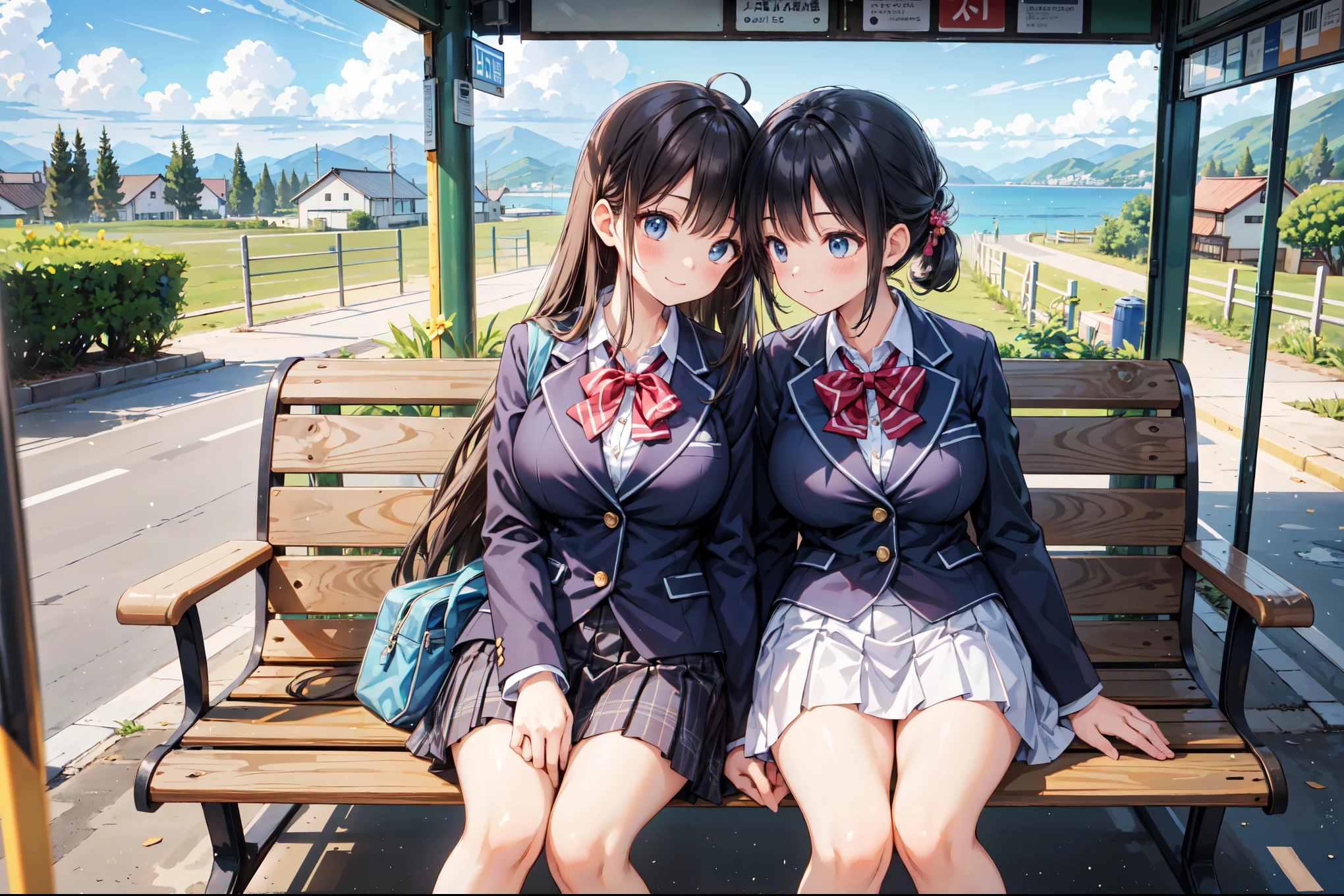 (((Masterpiece, 16k, Highest quality, Ultra-high resolution, Depth of subject))), ((Very detailed, Japanese countryside scenery)), (((High school girl in blazer uniform, 5+Myself girl, skirt, Big Breasts))), Beautiful girl in great detail, Very accurate body structure, Very precise body movements, Very cute smile, On the way home, 3pm, A peaceful landscape with a view of the sea, Warm sunshine, Japanese regional bus stops, Old wooden bus shelter, Sit on a bench, chat, We love each other, Touching each other's breasts, A look full of love, Naughty feelings, Very accurate perspective