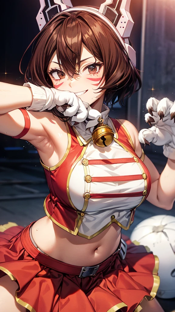 Prostration,defeat,Cowboy Shot,shinososaki, Shino sosaki, short hair, Brown Hair, Armpit,Steamy,Sweat,Large Breasts,Submission pose,Animal ears, Hair between the eyes, (Brown eyes), headgear, Facial blemishes, Face Paint, smile,gloves, belly button, No sleeve, abdomen, Bell, Red Skirt, neck Bell,((Animal Hands)),((Claw Pose)),(squat,Kneel),masterpiece,Noise Reduction,Perfect Anatomy,High resolution, Very detailed, Very detailed face,Game CG,Dutch Angle ,Beautiful attention to detail,Visual Arts,Five Fingers, Perfect hands, Perfect lighting, Sparkling Eyes,