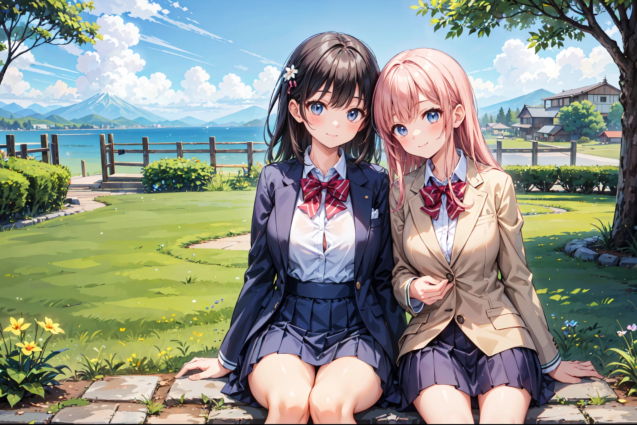 (((Masterpiece, 16k, Highest quality, Ultra-high resolution, Depth of subject))), ((Very detailed, Japanese countryside scenery)), (((High school girl in blazer uniform, 5+Myself girl, skirt, Big Breasts))), Beautiful girl in great detail, Very accurate body structure, Very precise body movements, Very cute smile, On the way home, 3pm, A peaceful landscape with a view of the sea, Warm sunshine, Grass Park, chat, We love each other, Touching each other's breasts, A look full of love, Naughty feelings, Very accurate perspective