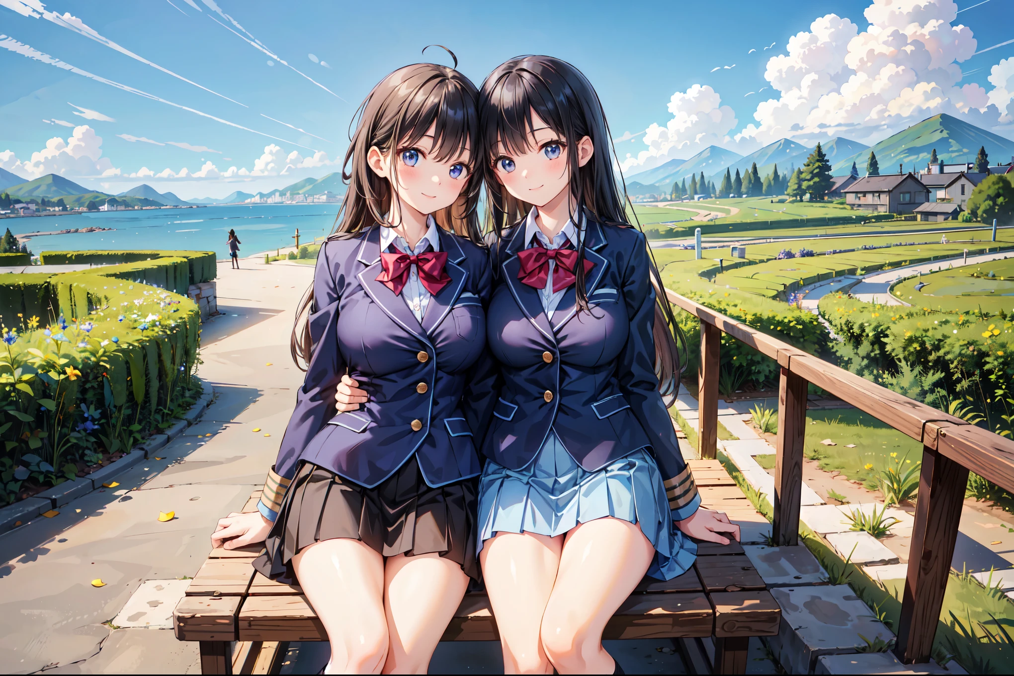 (((Masterpiece, 16k, Highest quality, Ultra-high resolution, Depth of subject))), ((Very detailed, Japanese countryside scenery)), (((High school girl in blazer uniform, 2 people, skirt, Big Breasts))), Beautiful girl in great detail, Very accurate body structure, Very precise body movements, Very cute smile, On the way home, 3pm, A peaceful landscape with a view of the sea, Warm sunshine, Grass Park, chat, We love each other, Touching each other's breasts, Naughty feelings, The love is unstoppable, Very accurate perspective